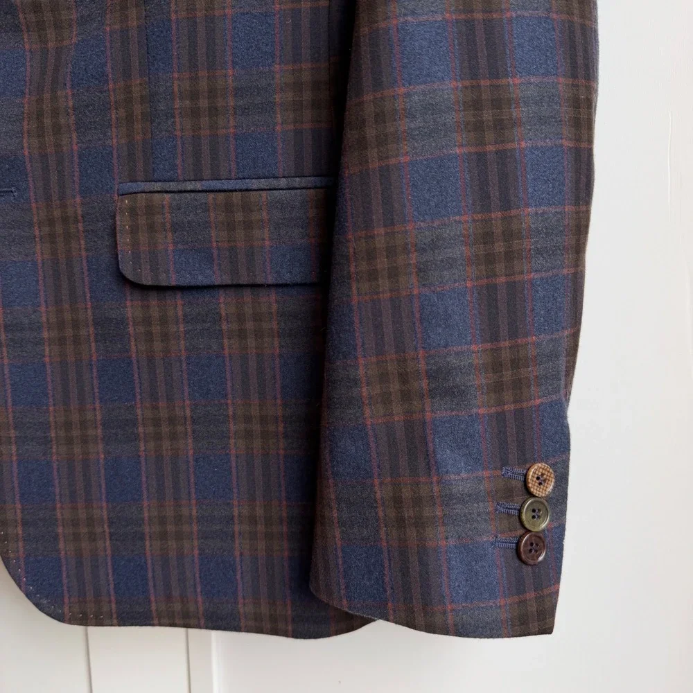 Ted Baker Tight Lines Blazer 38R Blue Brown Plaid Windowpane Preppy Sport Coat